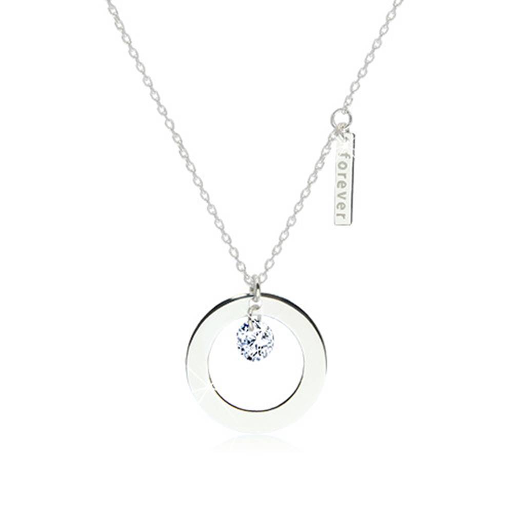 Šperky eshop Lesklý náhrdelník zo striebra 925 - kontúra kruhu s výrezom, známka s nápisom "forever", číry zirkón