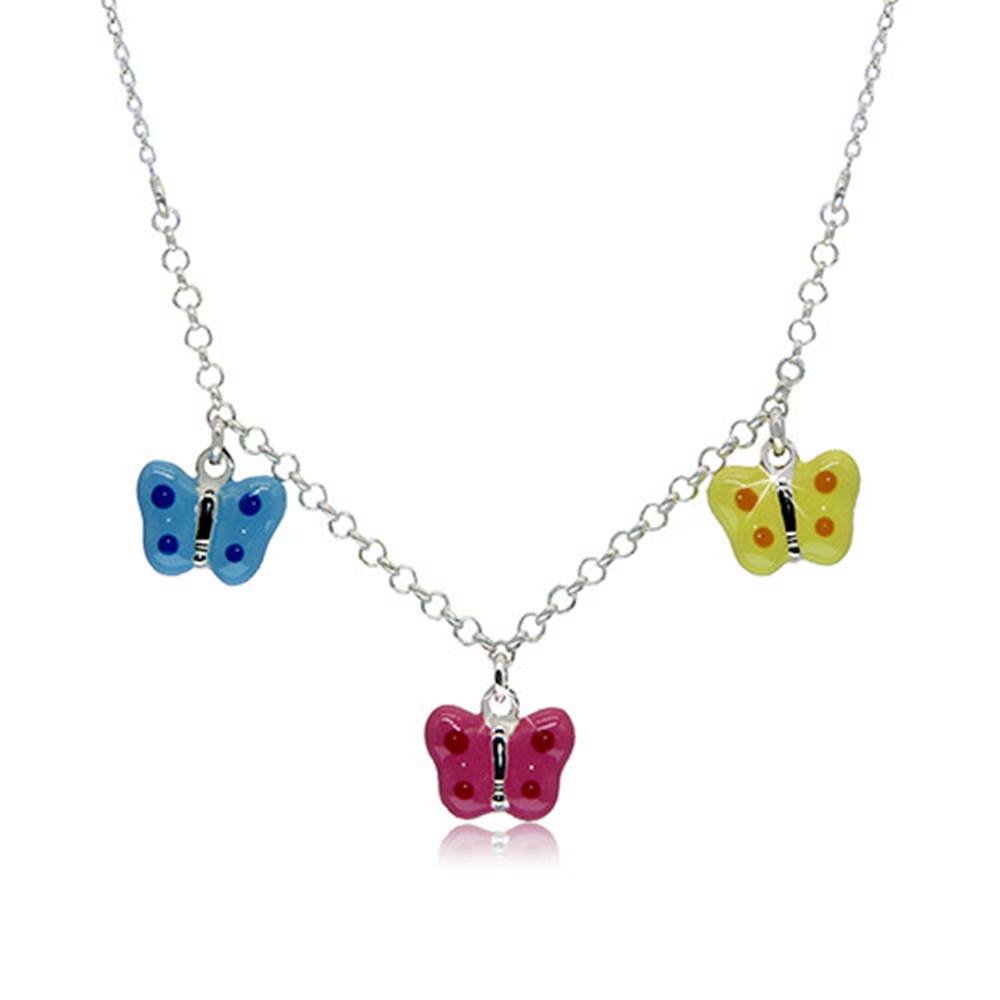 Šperky eshop Náhrdelník zo striebra 925 pre deti - bodkované motýliky s modrou, ružovou a žltou glazúrou