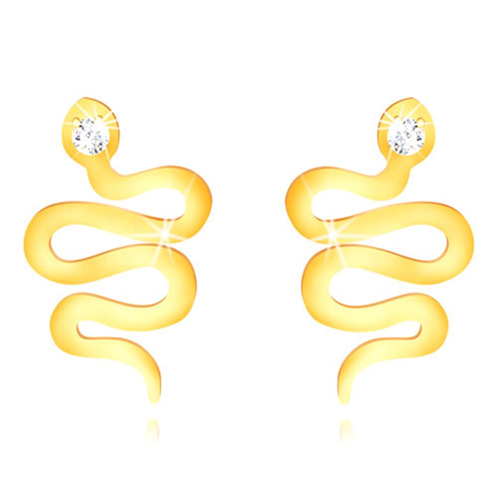 Šperky eshop Puzetové náušnice v žltom 14K zlate - zvlnený lesklý hadík s čírou zirkónovou hlavičkou