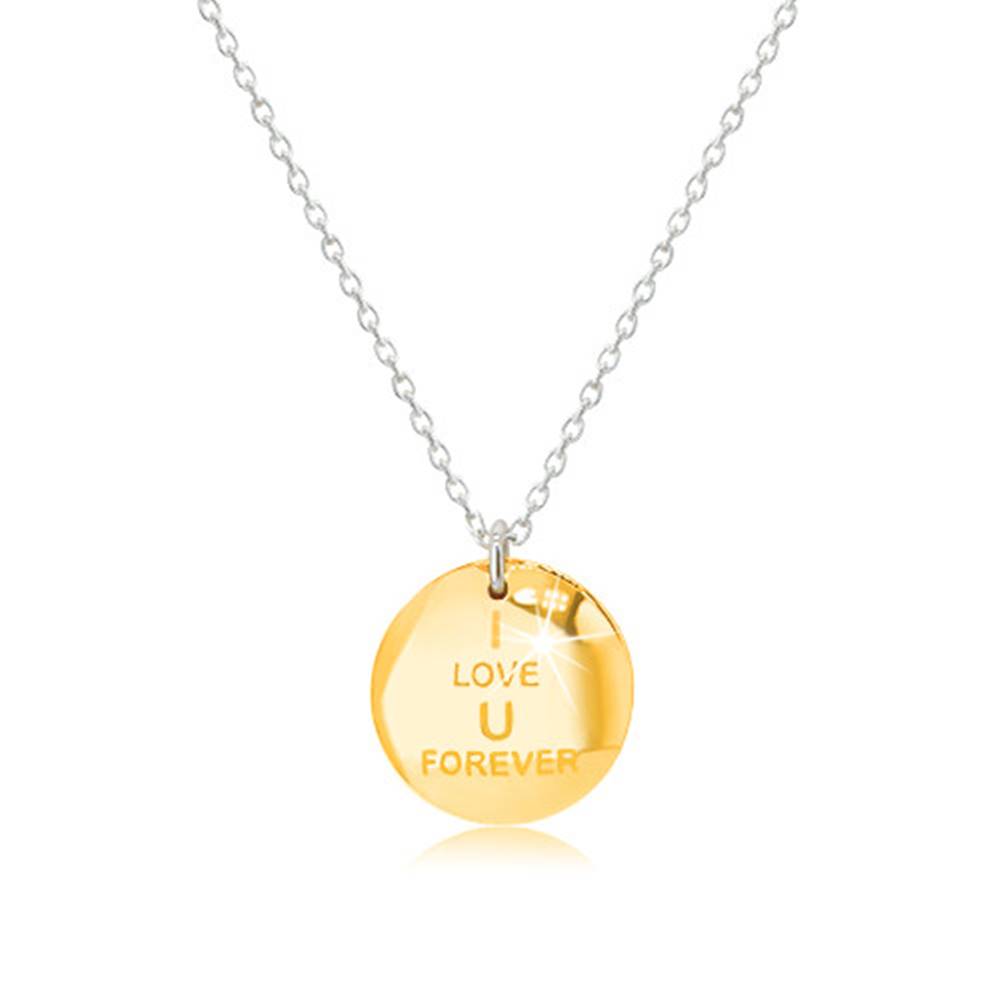 Šperky eshop Strieborný náhrdelník 925 - medailónik v zlatom odtieni, nápis "I LOVE U FOREVER", zirkónová ležiaca osmička