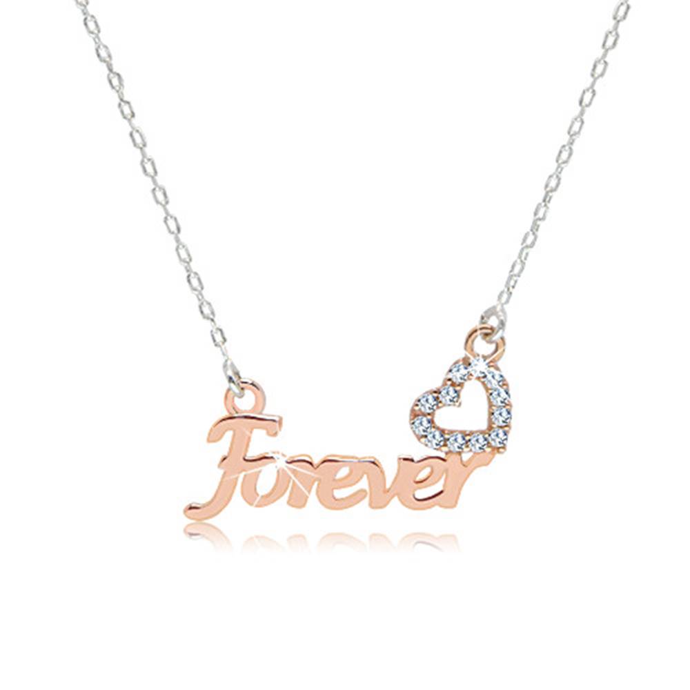 Šperky eshop Strieborný náhrdelník 925 - nápis "Forever" v ružovozlatom odtieni, zirkónové srdiečko