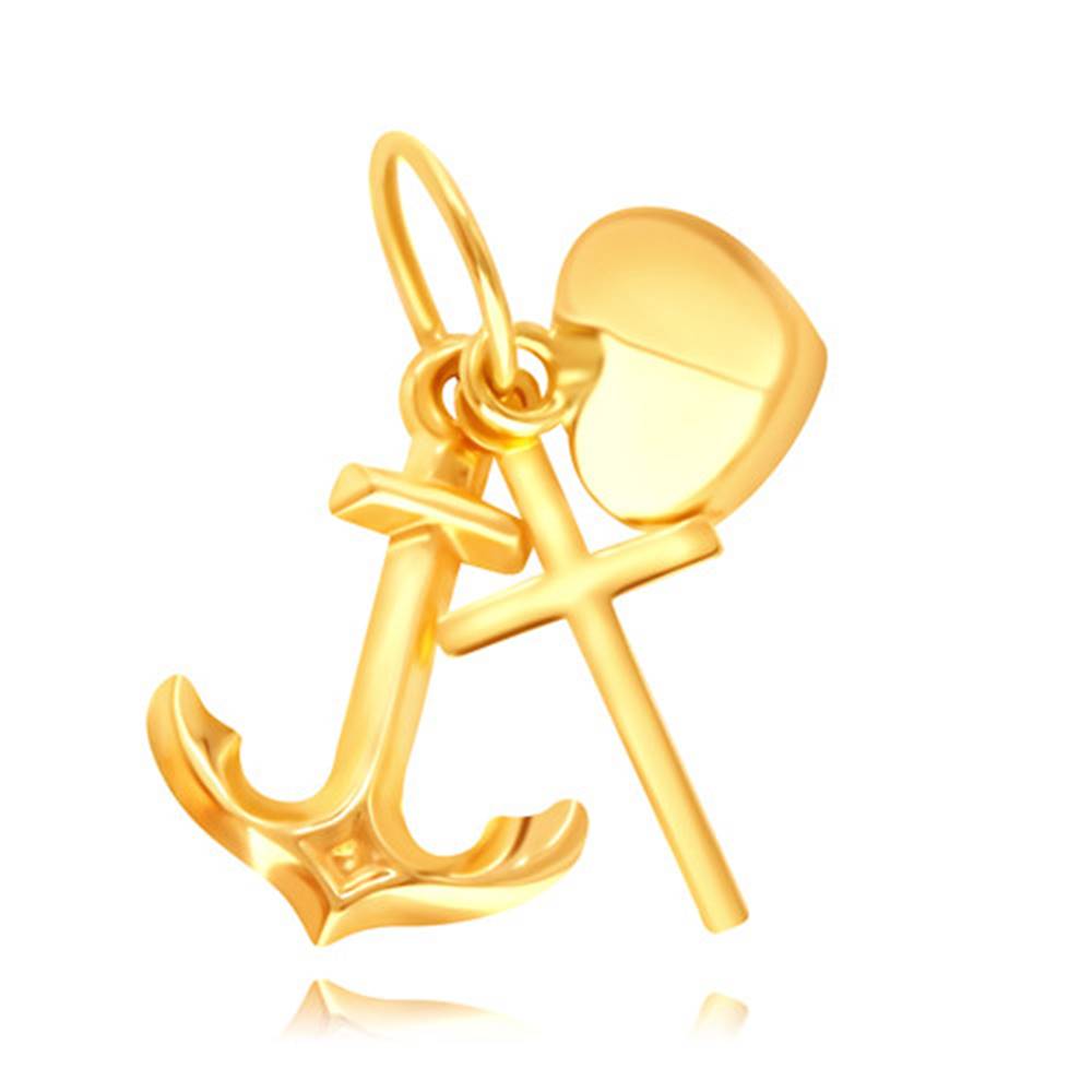 Šperky eshop Zlatý 14K prívesok - silueta lesklého krížiku, kotvičky a vypuklého srdiečka
