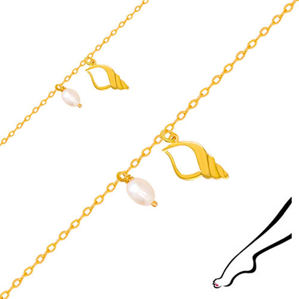 Šperky eshop Zlatý náramok na nohu 375 - kontúra mušle s výrezom, dve biele perly