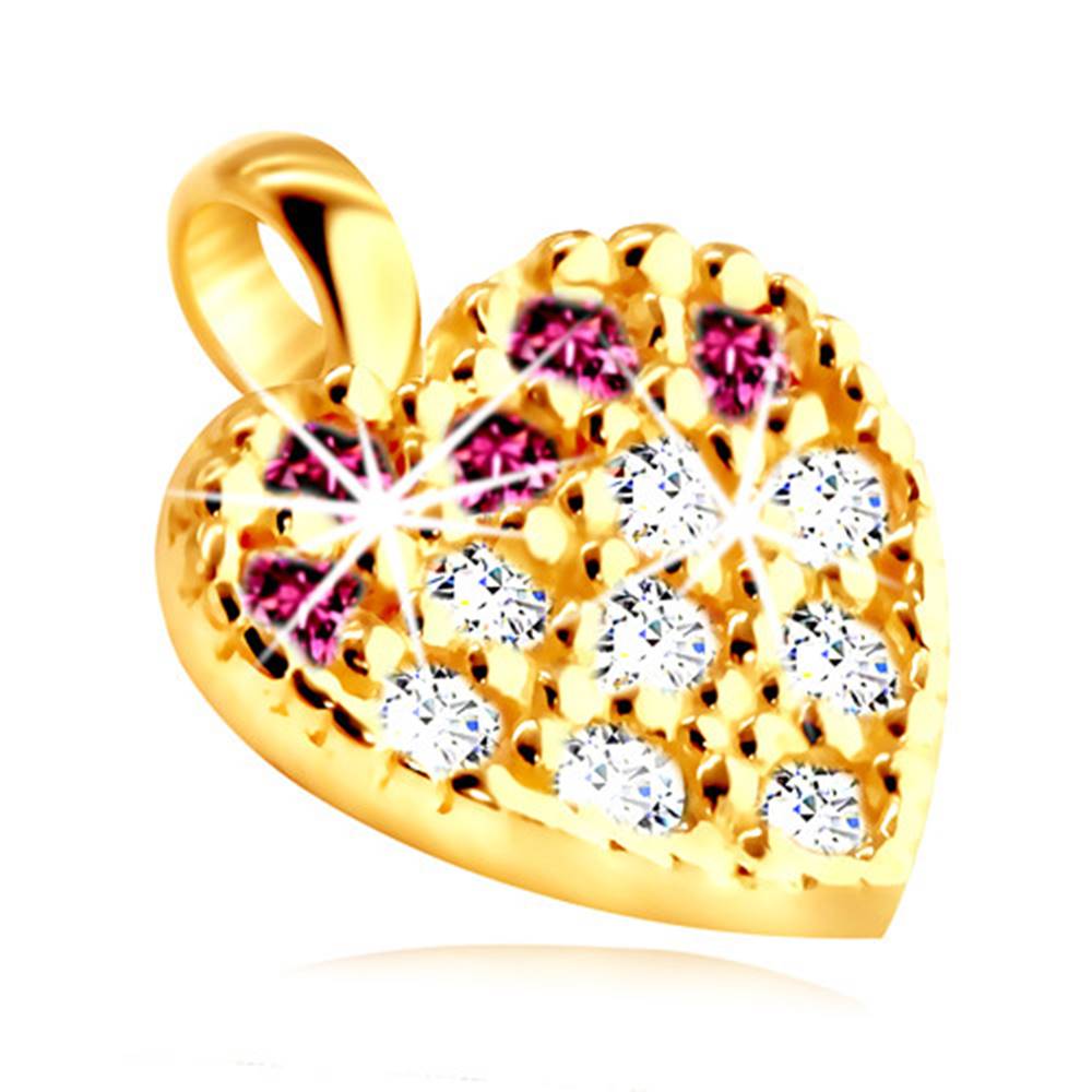 Šperky eshop Zlatý prívesok 375 - obrys srdiečka vykladaného ružovými a čírymi zirkónikmi