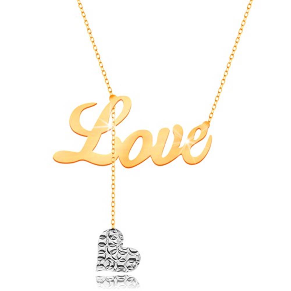 Šperky eshop Náhrdelník v 9K zlate - nápis Love, visiace srdiečko z bieleho zlata na retiazke