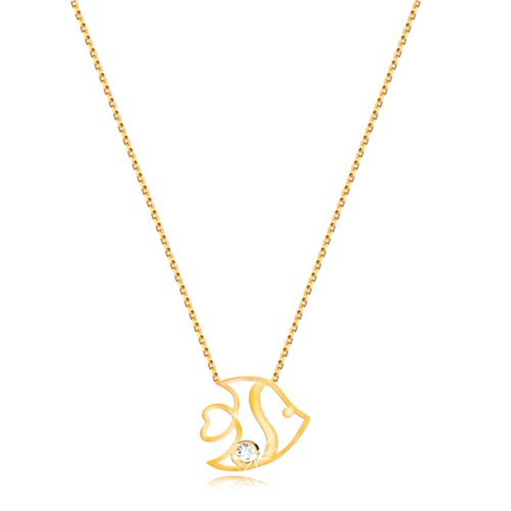 Šperky eshop Náhrdelník v žltom 9K zlate - jemná retiazka a lesklý obrys rybky, číry zirkón