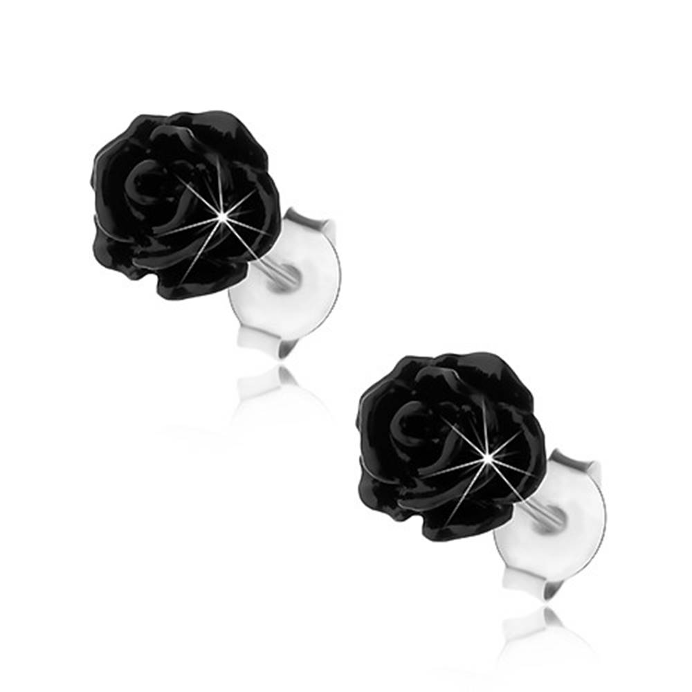 Šperky eshop Strieborné náušnice 925, lesklá rozkvitnutá ružička čiernej farby, puzetky