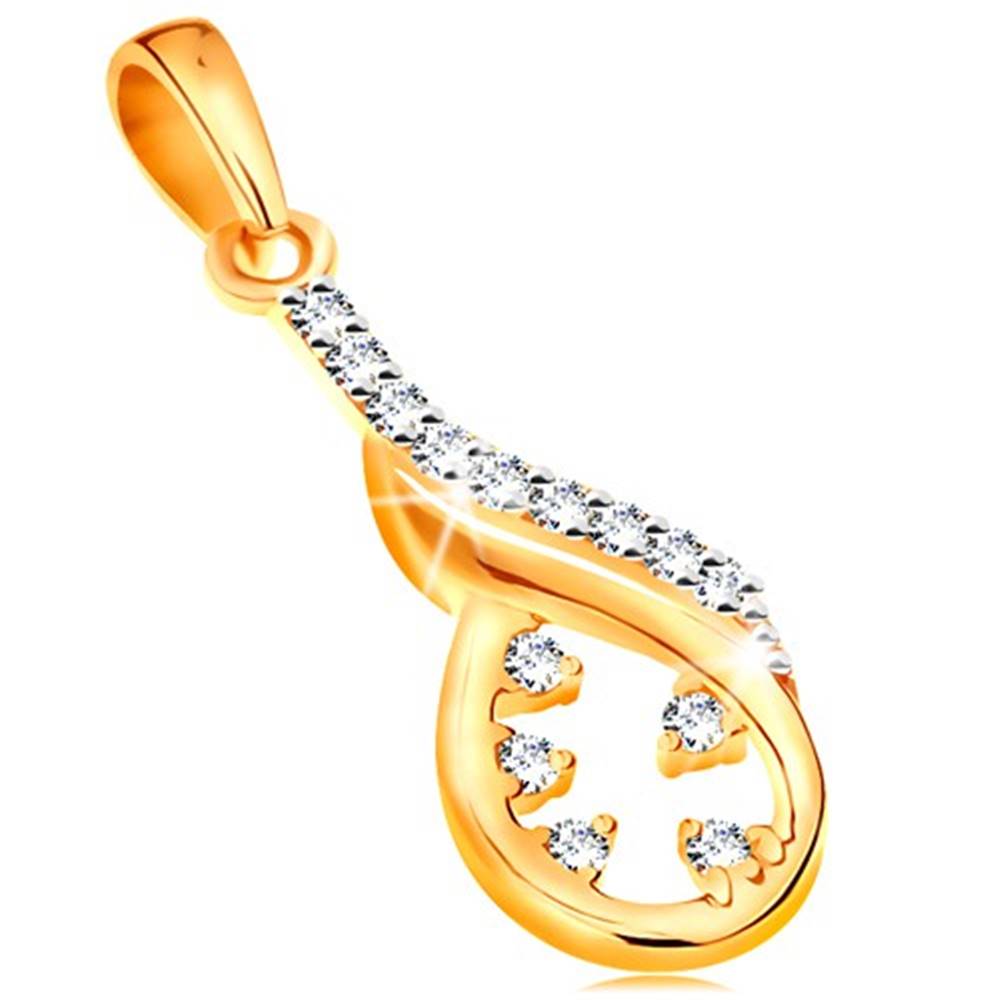 Šperky eshop Zlatý prívesok 585 - asymetrický obrys slzy, vlnka z bieleho zlata, číre zirkóny