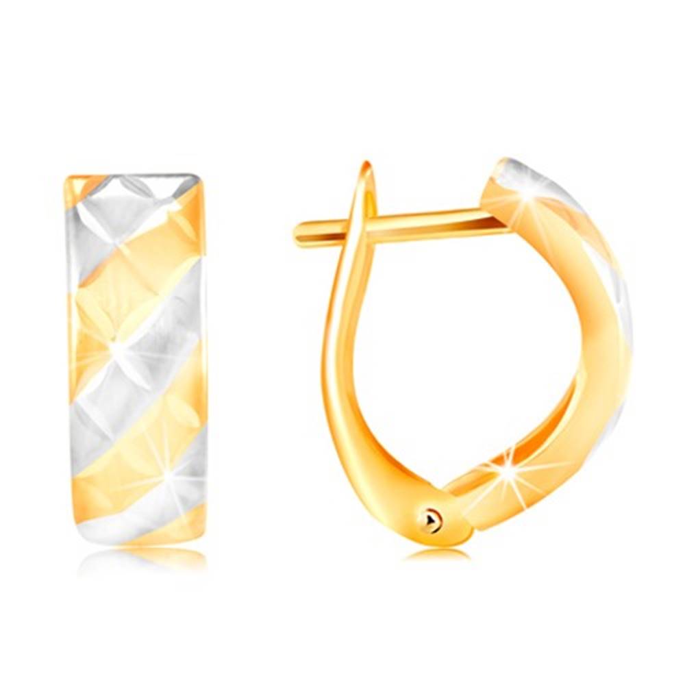 Šperky eshop Náušnice v 14K zlate - matné pásy v žltom a bielom zlate, ligotavé zárezy