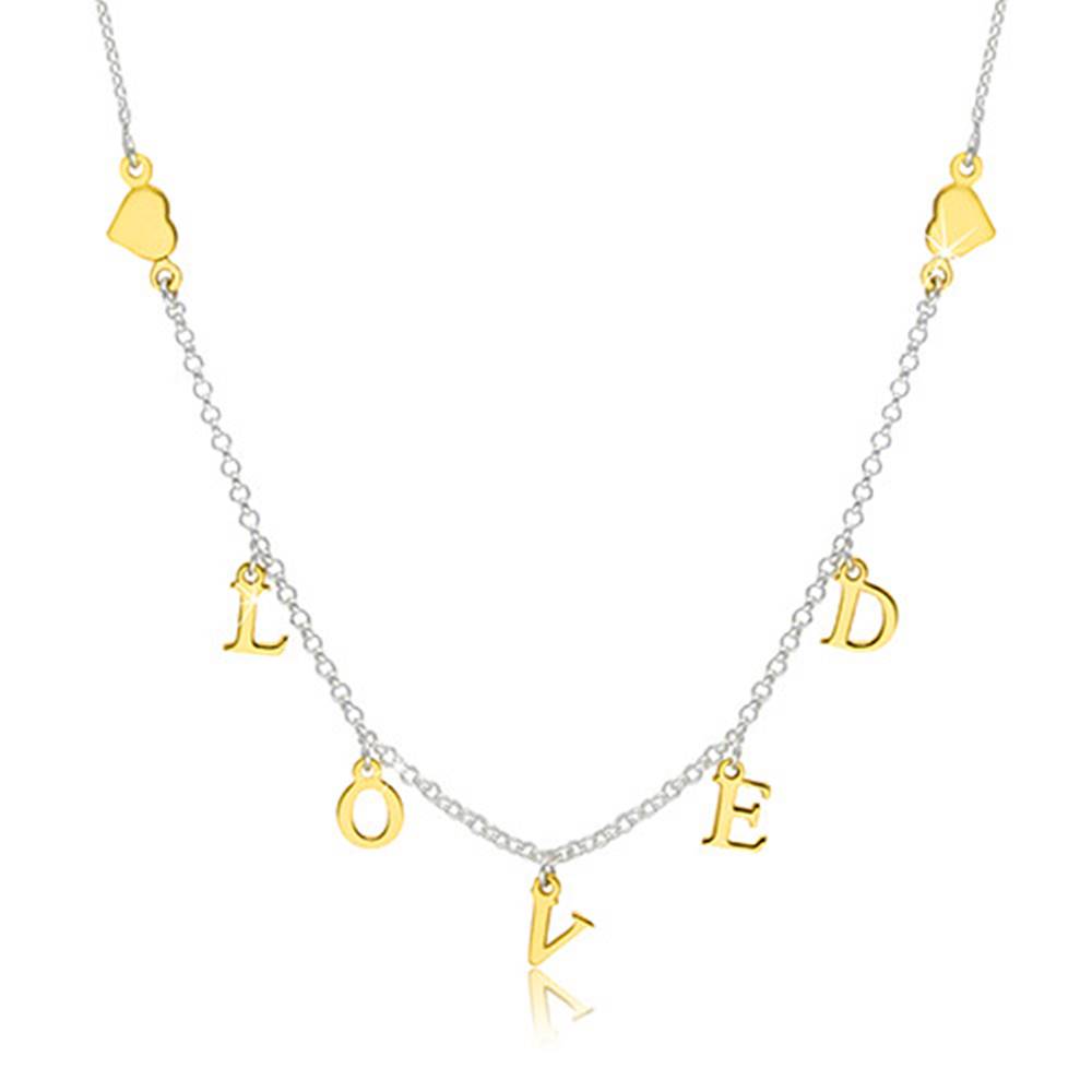 Šperky eshop Strieborný 925 náhrdelník - lesklé srdiečka a nápis "LOVED" v zlatom odtieni