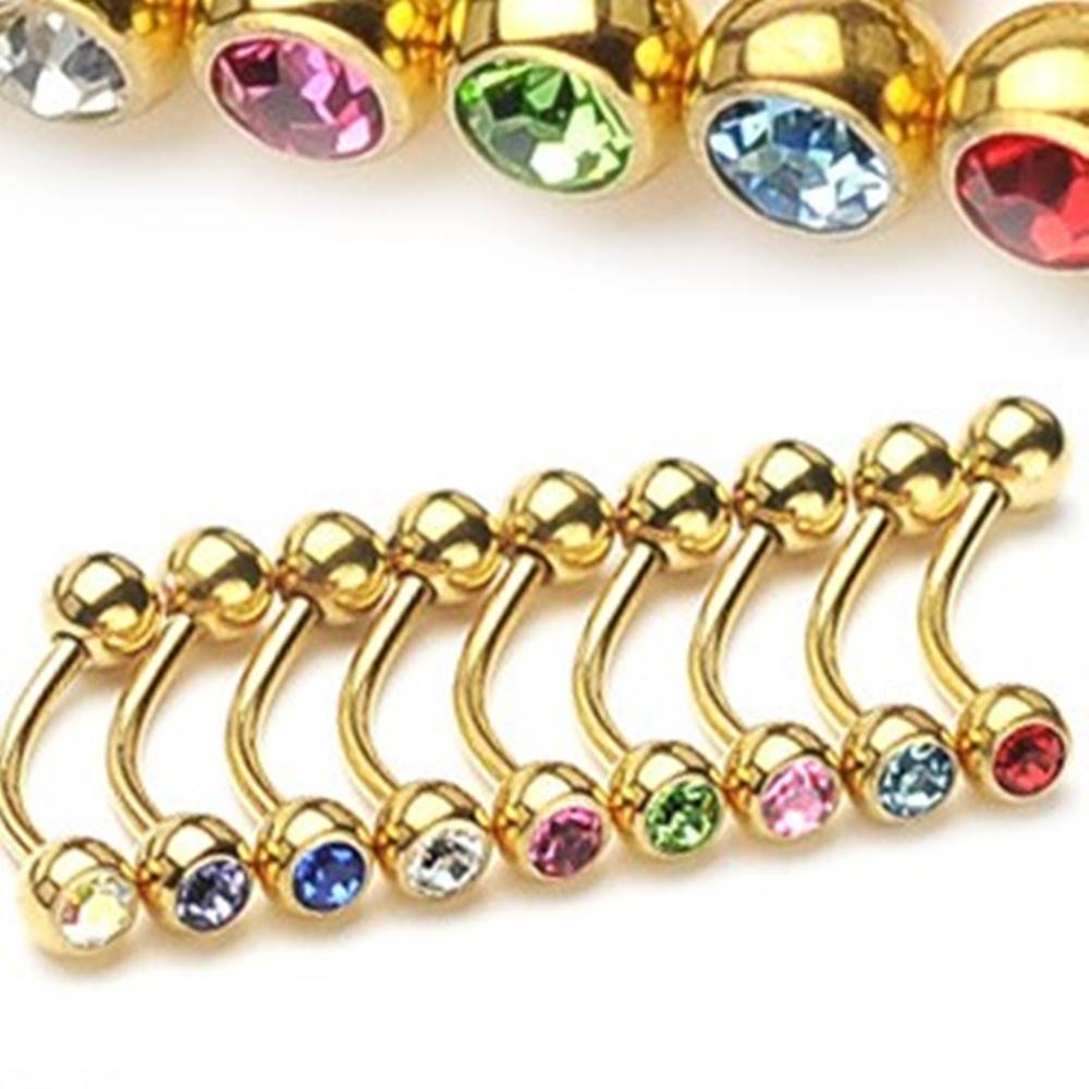 Šperky eshop Piercing do obočia - zlatá farba so zirkónikmi - Rozmer: 1,2 mm x 10 mm x 4 mm, Farba zirkónu: Svetlo zelená - G