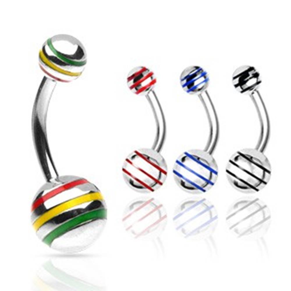 Šperky eshop Piercing do pupka gulička s farebnými pásikmi - Rozmer: 10 mm x 8 mm, Farba zirkónu: Červená - Žltá - Zelená - JM