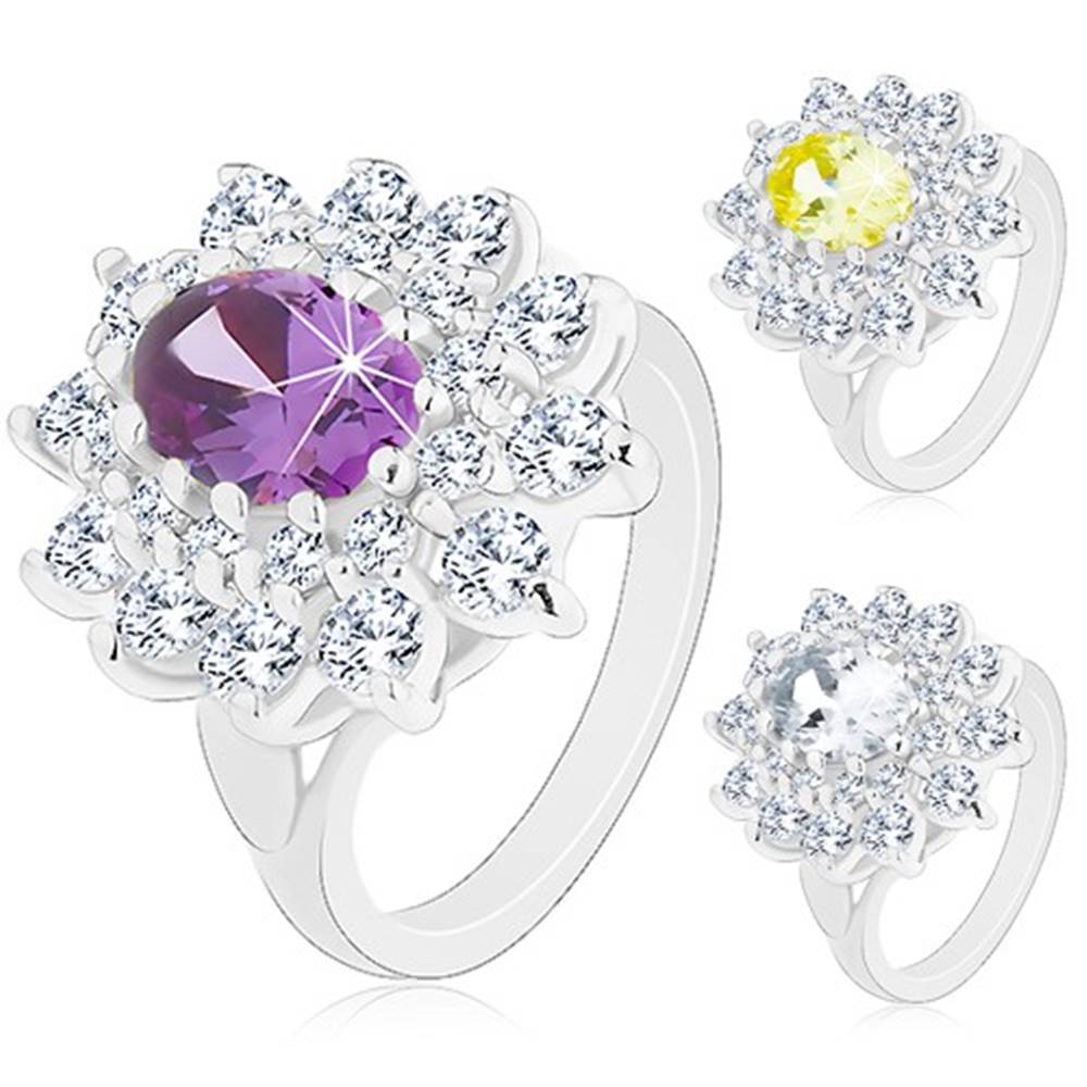 Šperky eshop Prsteň v striebornej farbe, veľký žiarivý kvet zo zirkónov, lístočky - Veľkosť: 50 mm, Farba: Žltá