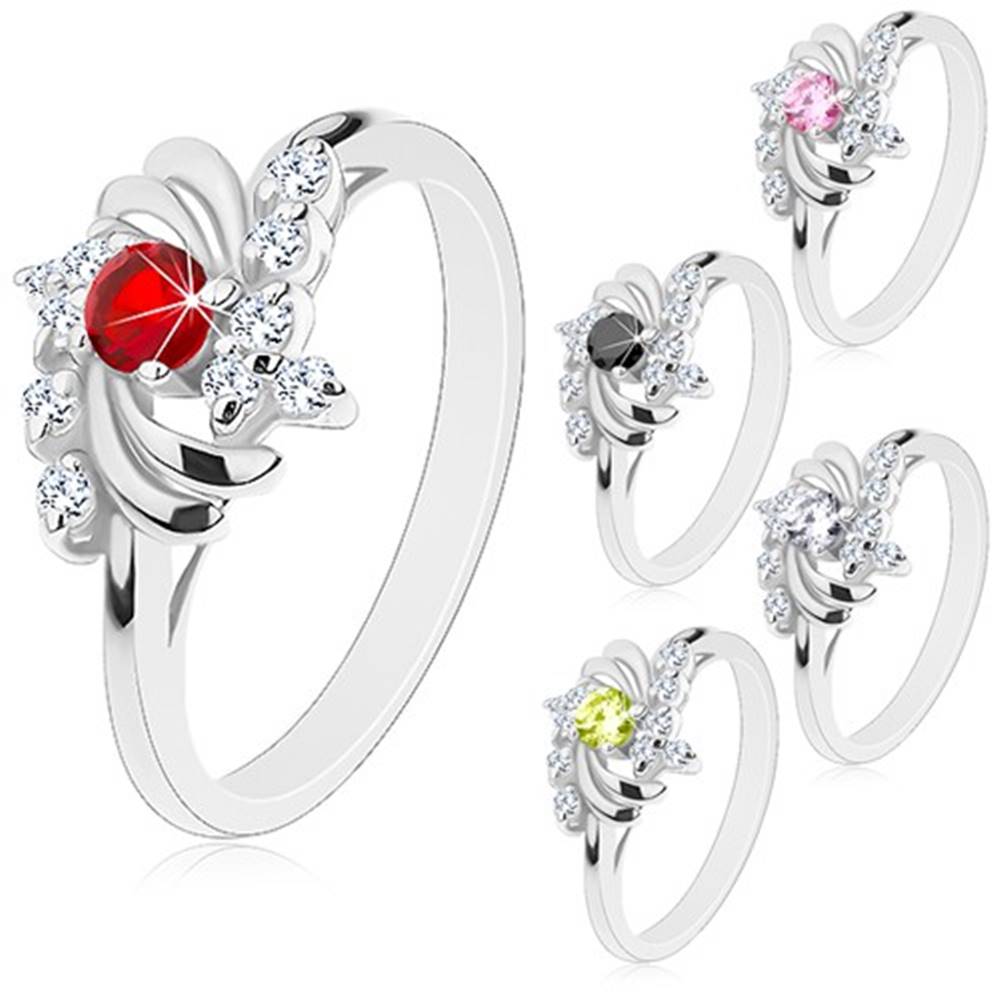 Šperky eshop Prsteň v striebornom odtieni, lesklé polmesiačiky, okrúhle zirkóny - Veľkosť: 49 mm, Farba: Červená