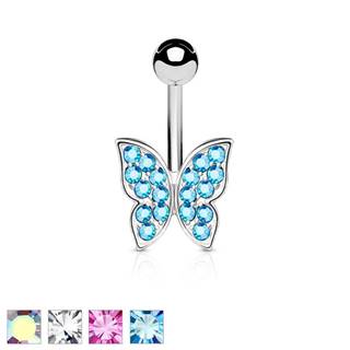 Piercing do bruška z chirurgickej ocele, trblietavý zirkónový motýlik - Farba zirkónu: Aqua modrá - Q