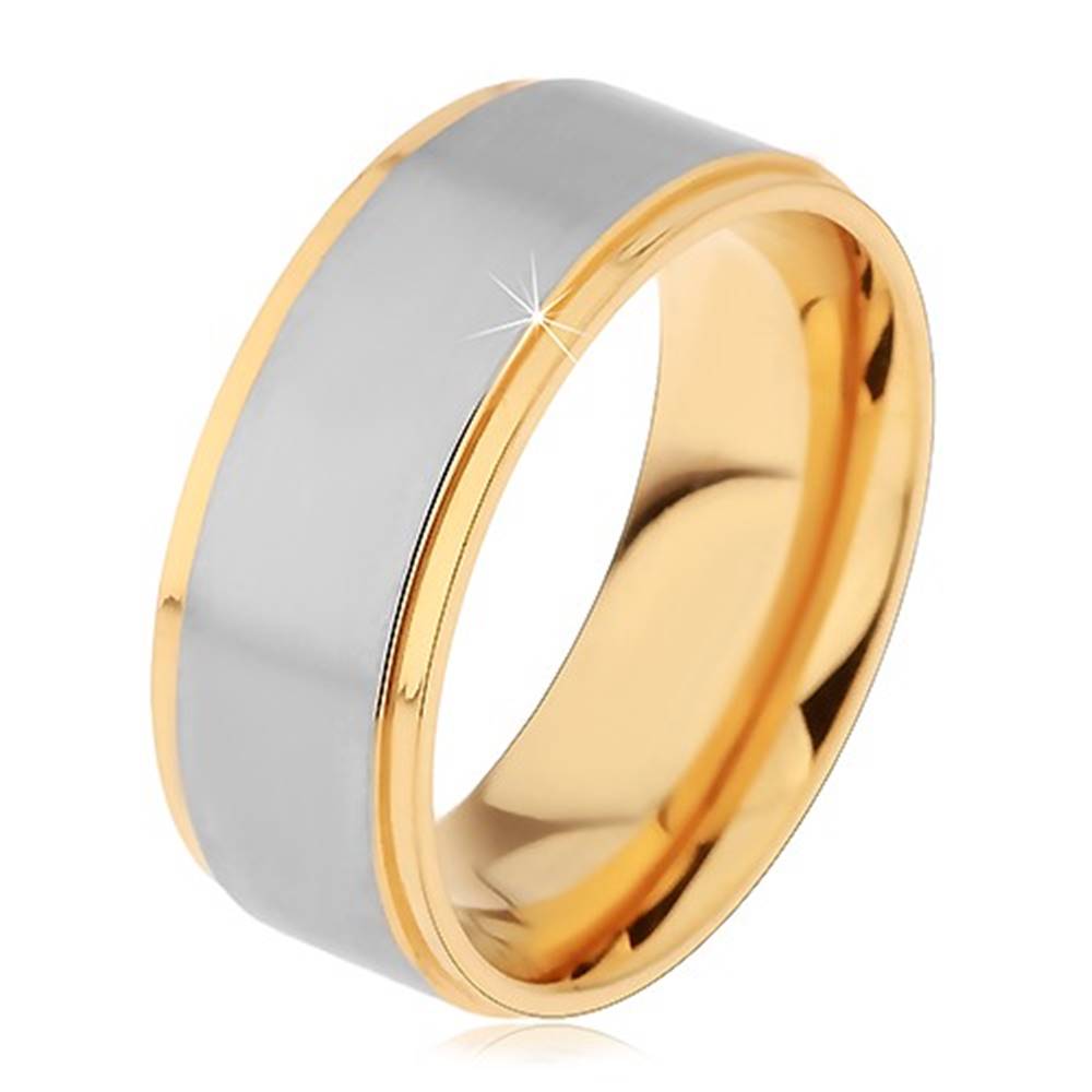Šperky eshop Dvojfarebný prsteň z chirurgickej ocele, vyvýšený matný pás striebornej farby - Veľkosť: 49 mm