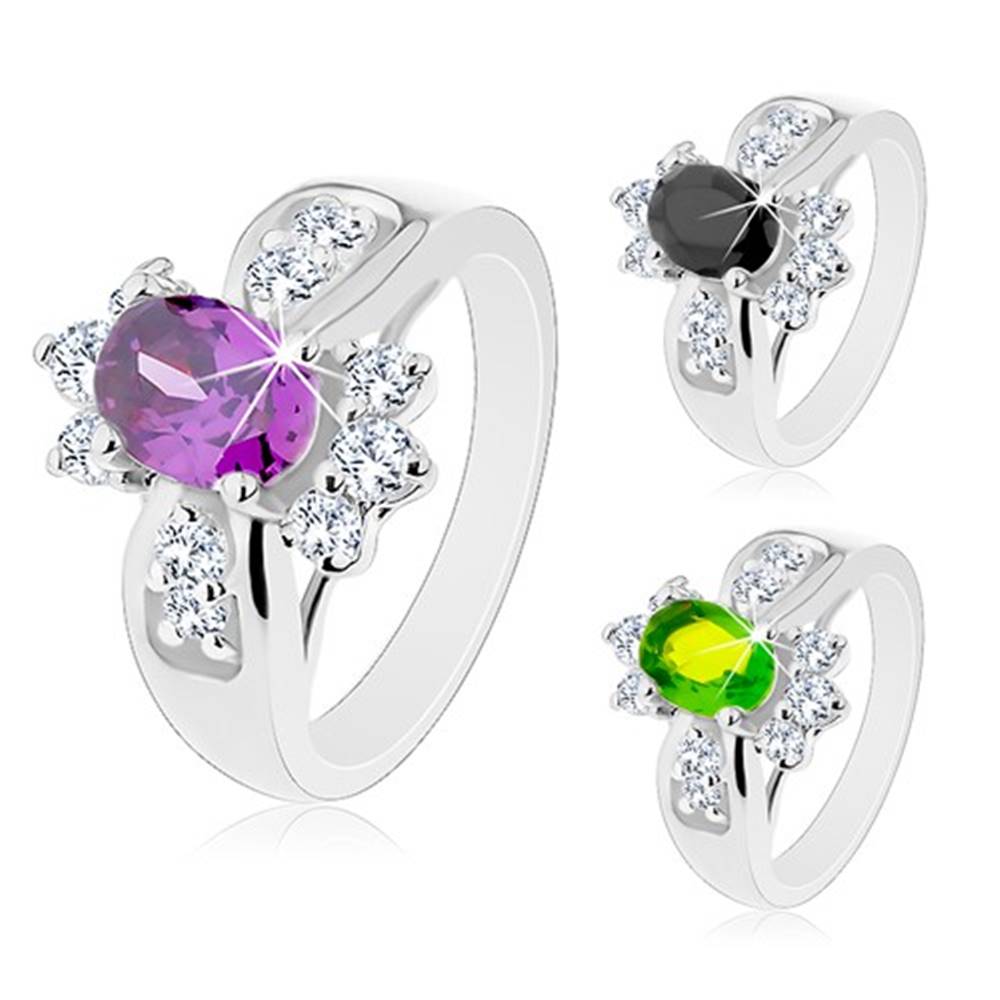 Šperky eshop Lesklý prsteň s rozšírenými ramenami, farebný oválny zirkón, okrúhle číre zirkóniky - Veľkosť: 52 mm, Farba: Zelená