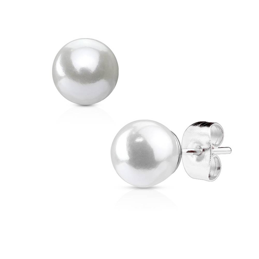 Šperky eshop Oceľové náušnice striebornej farby so syntetickou bielou perlou - Priemer: 3 mm