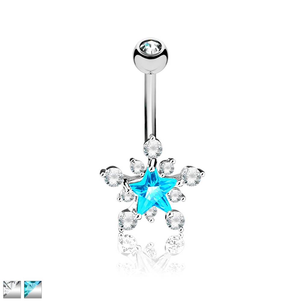 Šperky eshop Piercing do pupka z chirurgickej ocele - trblietavá zirkónová hviezda - Farba zirkónu: Aqua - číra