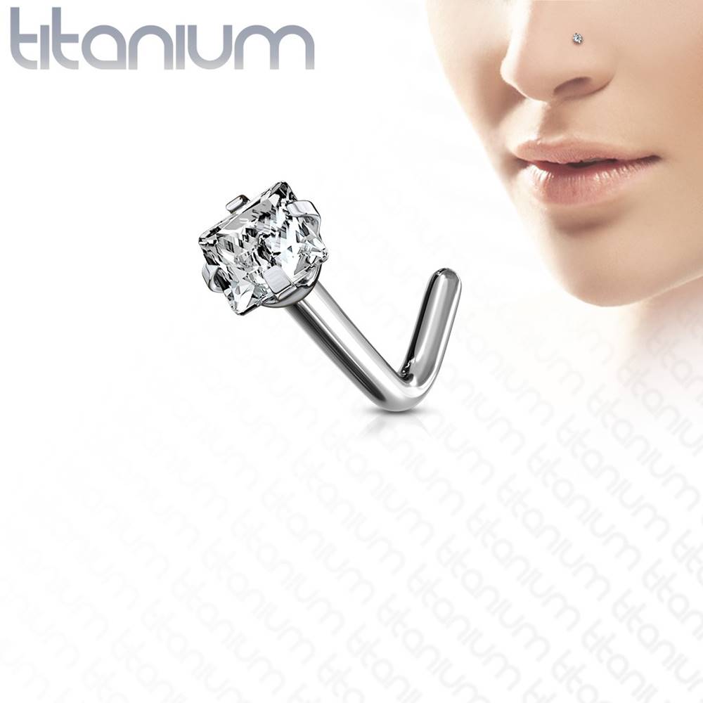 Šperky eshop Zahnutý piercing do nosa z titánu - štvorcový brúsený zirkón v kotlíku - Hrúbka piercingu: 0,8 mm, Veľkosť hlavičky: 2 mm
