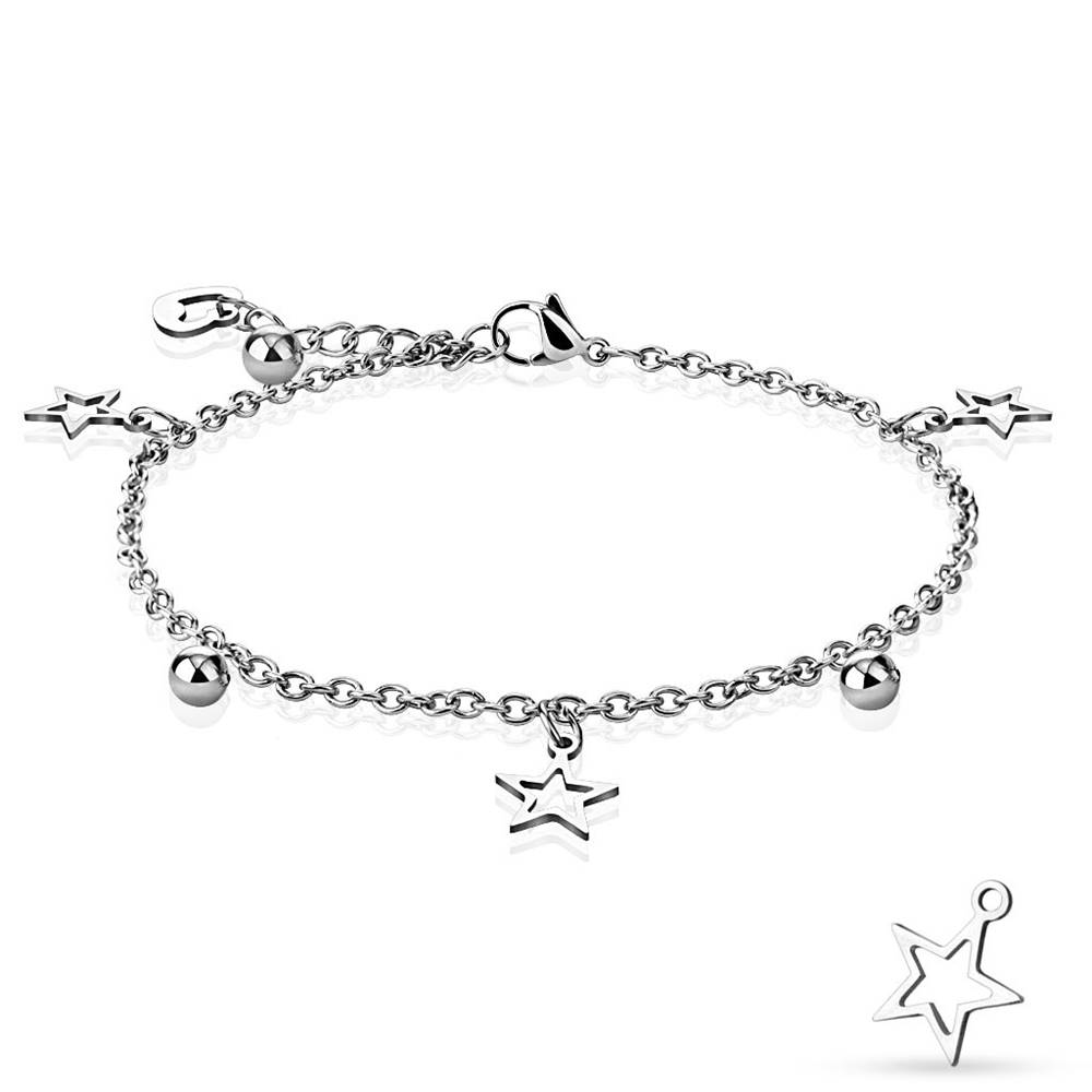 Šperky eshop Náramok z ocele v striebornej farbe - kontúry hviezd, lesklé guličky a obrys srdiečka