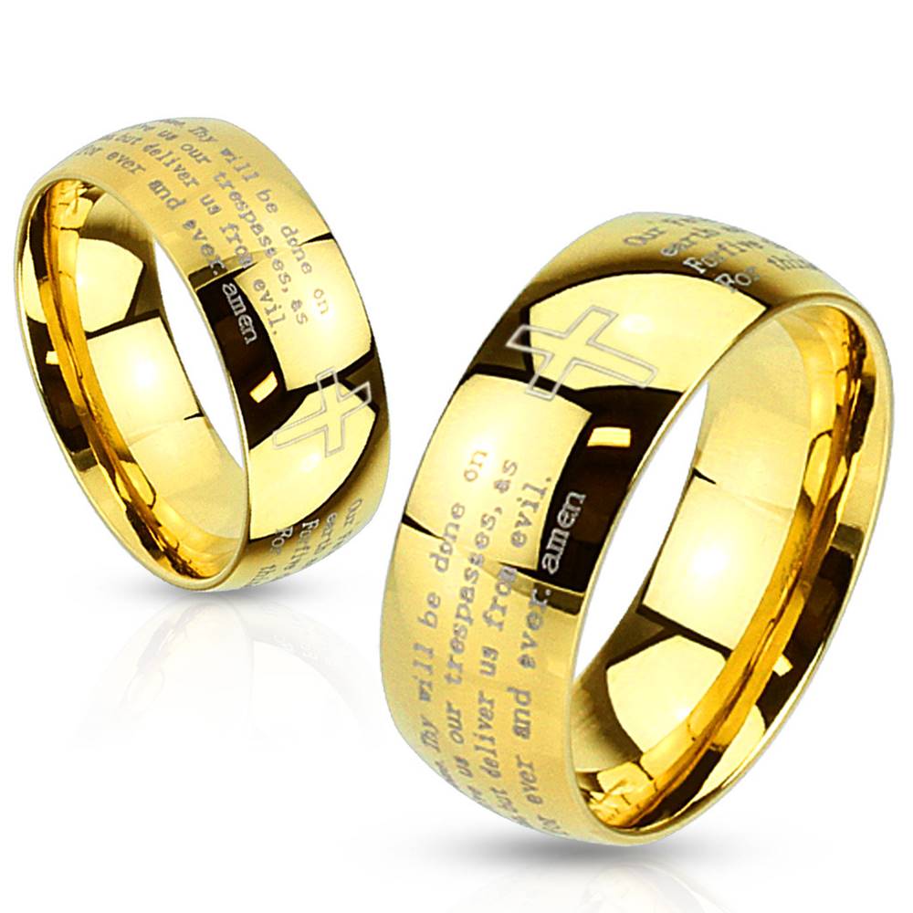 Šperky eshop Prsteň z ocele zlatej farby - modlitba Otčenáš a krížik, 8 mm - Veľkosť: 59 mm